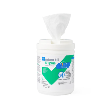 A white canister of Medline Micro-Kill D1 Plus Wipes with a partially pulled-out wipe. The container has a green and blue label showing product details and caution information.