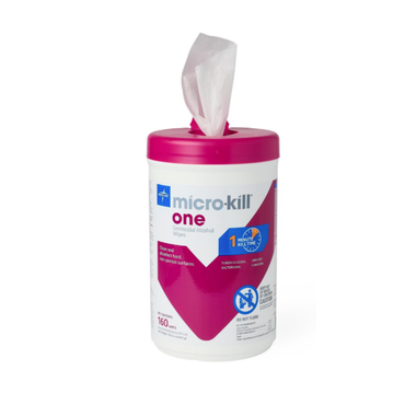 A container of Medline Micro-Kill One Germicidal Alcohol Wipes with a pink lid, one wipe partially pulled out, and labels showing effectiveness against viruses and bacteria.