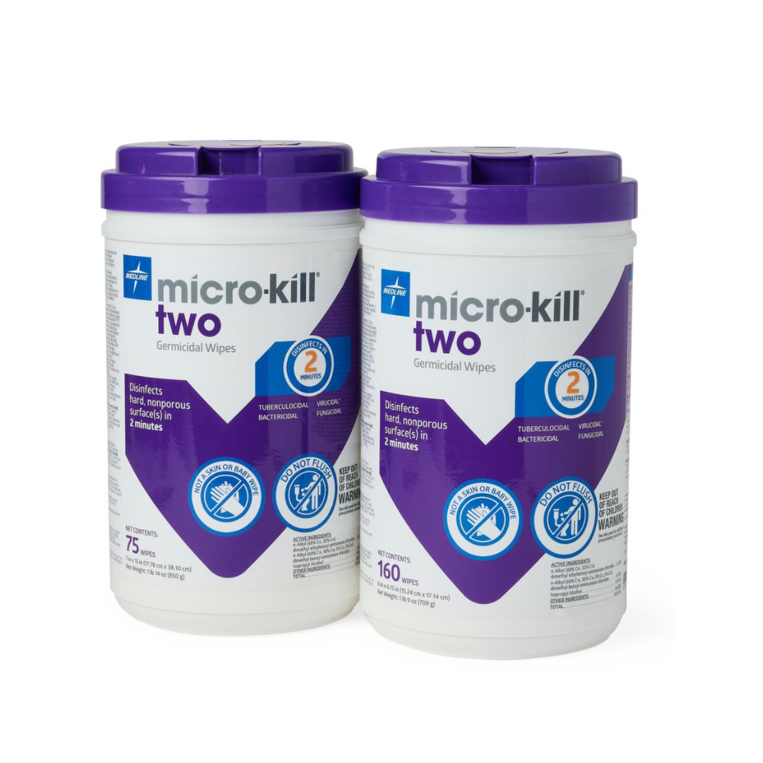 Two containers of Micro-Kill Two Disinfectant Wipes with purple lids and labels, featuring icons and claims that highlight their effectiveness in killing viruses and bacteria on hard surfaces.