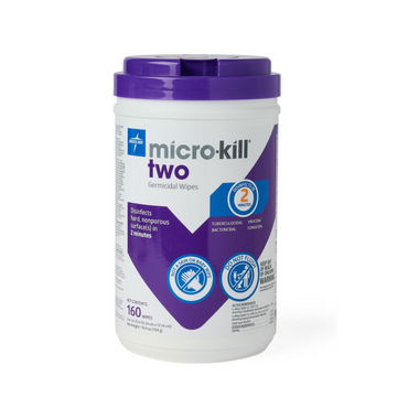 Micro-Kill Two Disinfectant Wipes come in a container with a purple lid and label, featuring disinfectant claims, usage instructions, and icons showing effective virus-killing on nonporous hard surfaces.