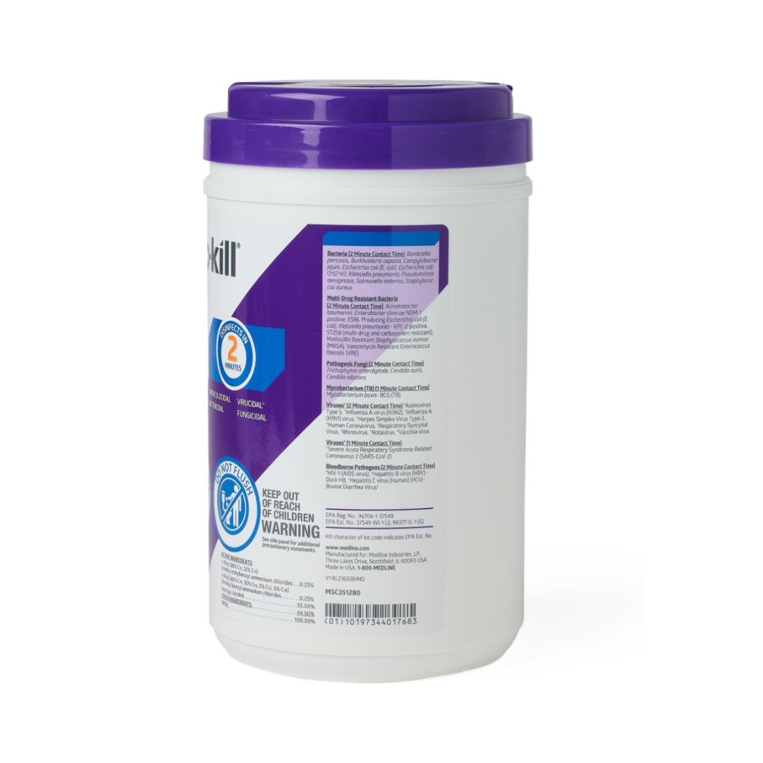 A white canister with a purple lid labeled Micro-Kill Two Disinfectant Wipes contains wipes that kill viruses on hard surfaces; the label includes instructions, warnings, and a Keep Out of Reach of Children notice.