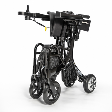 The Miracle Mobility Portable 4N1 Walker Wheelchair Combo is shown upright and folded on a white background, highlighting its four wheels, compact design, control panel, and armrest—perfect for easy transport.
