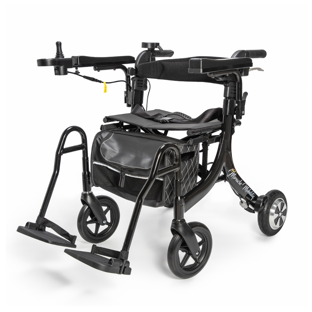 The Miracle Mobility Portable 4N1 Walker Wheelchair Combo features armrests, a padded seat, under-seat storage bag, and left-arm joystick control—a modern, lightweight travel solution shown on a white background.