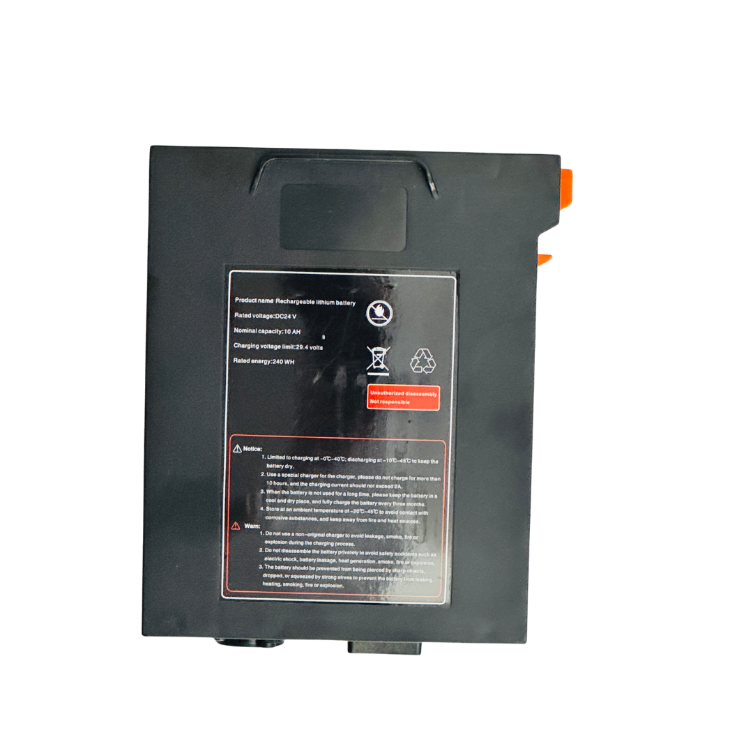 The Battery for The Miracle Mobility Palladium 8500 Powerchair is a rectangular black 24V 12Ah lithium pack with a spec label and orange and black connectors—perfect as a replacement for your Miracle Mobility Palladium 8500 powerchair.