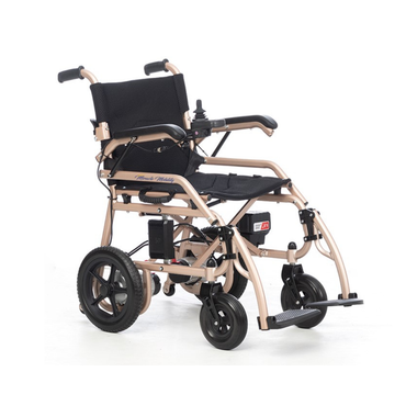 The Miracle Mobility Falcon 5000 Lightweight Powerchair features a black seat and backrest, gold frame, large rear wheels, small front wheels, joystick armrest control, and convenient footrests.