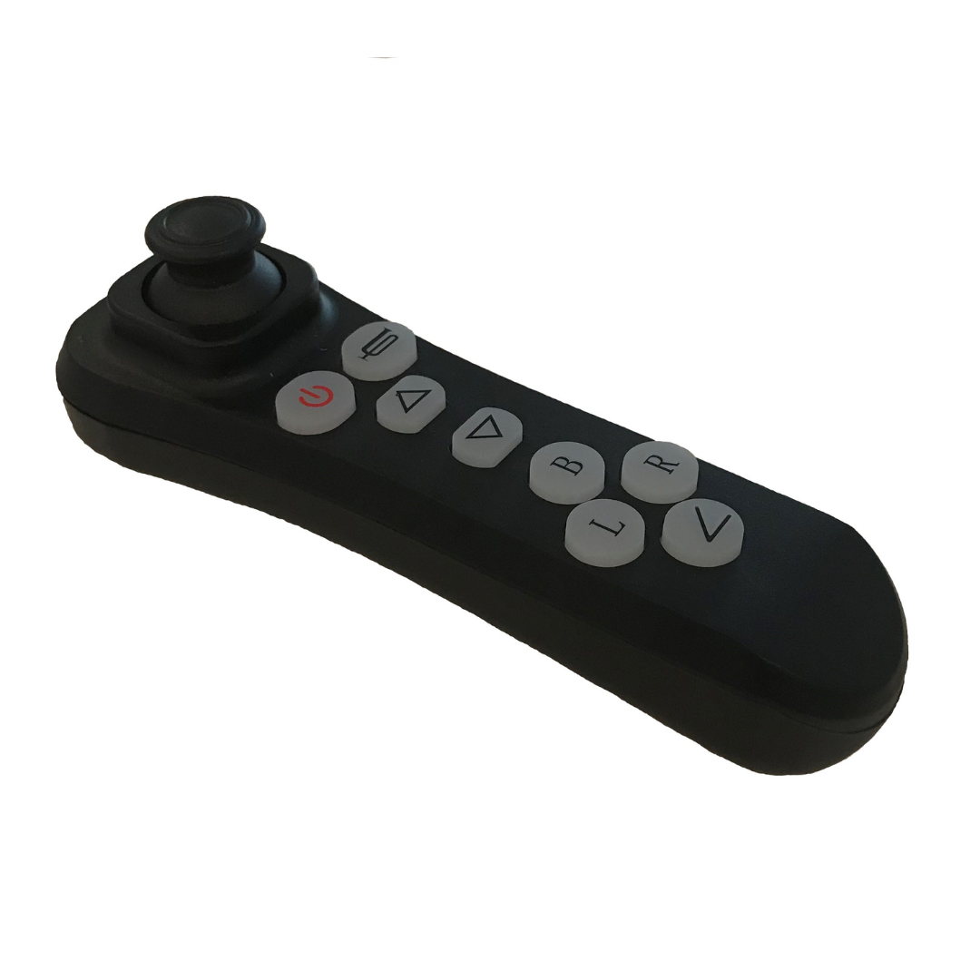 A black handheld remote with a joystick and labeled buttons, designed for the Miracle Mobility Platinum 8000 Portable Powerchair - Open Box, is displayed on a white background.