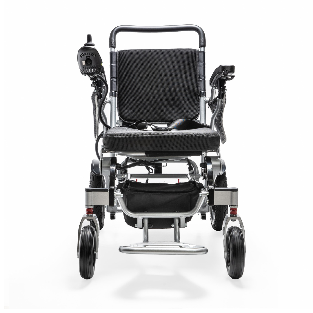 A front view of the Miracle Mobility Platinum 8000 Bariatric Portable Powerchair, a modern lightweight folding electric wheelchair featuring a left armrest joystick, cushioned seat, footrest, and robust wheels against a plain white background.