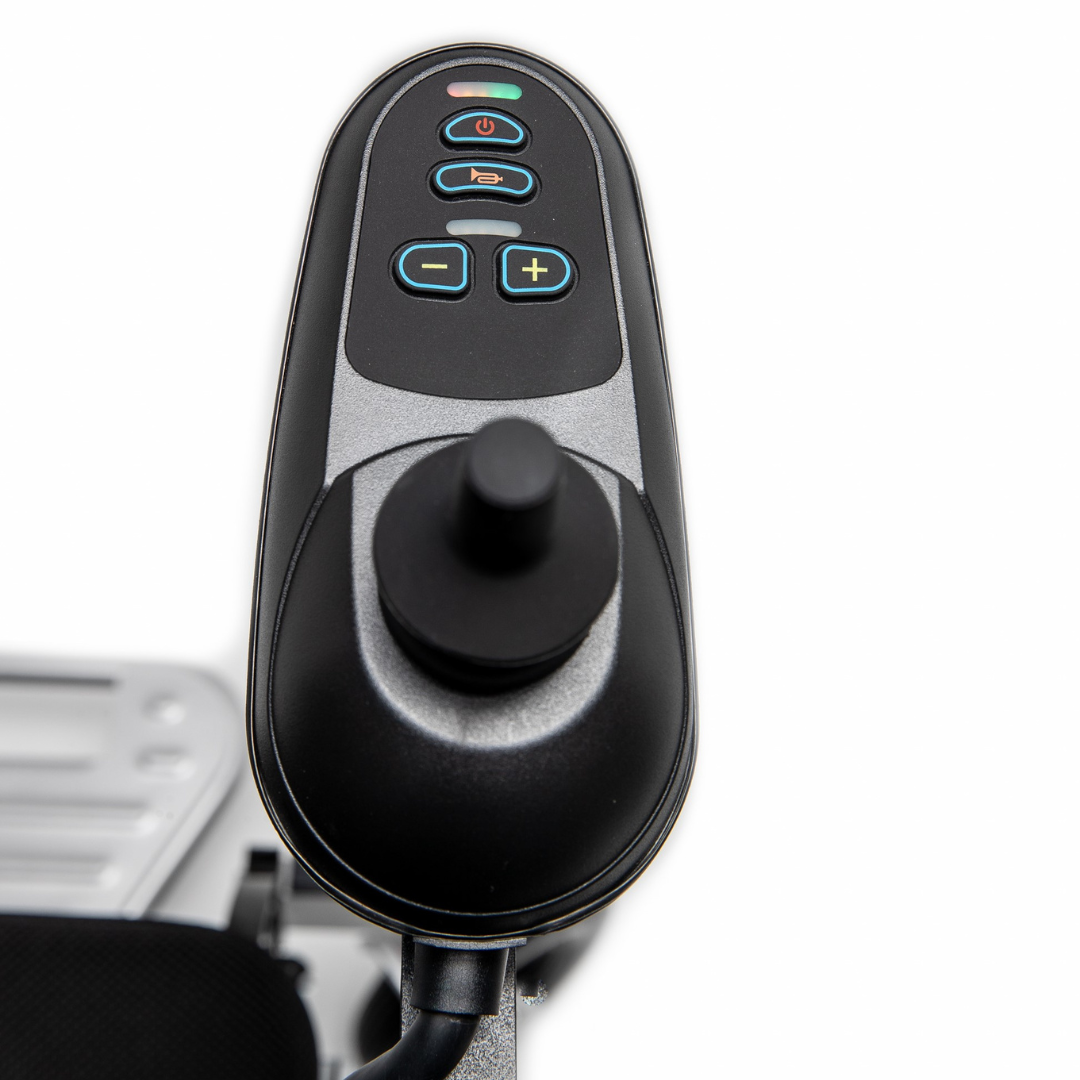 Close-up of the Miracle Mobility Platinum 8000 Portable Powerchair - Open Box joystick control panel with power, horn, speed settings, and ergonomic stick—highlighting its intuitive design on a white background.