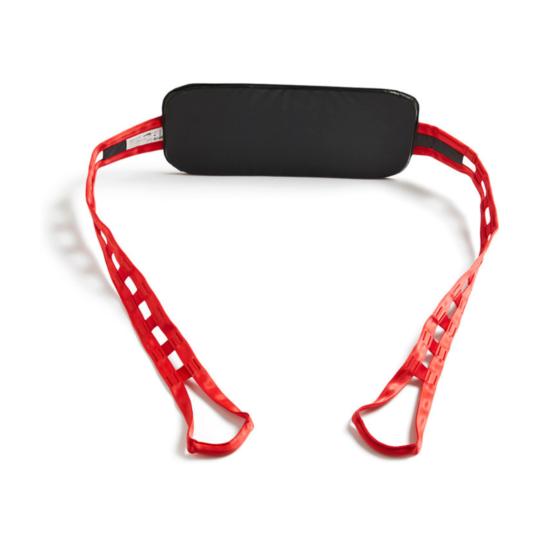 A black rectangular Assist Sleeve For Molifts - Wide, featuring two attached red nylon assist straps with open loops along their length, forming a U-shape.