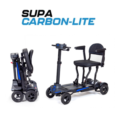 Two views of the Monarch Supa Carbon Lite Ultra-Lightweight Carbon-Fiber Scooter—one folded for transport, one assembled for use. The name appears in bold black and blue, but only CSS code is shown in the product description.