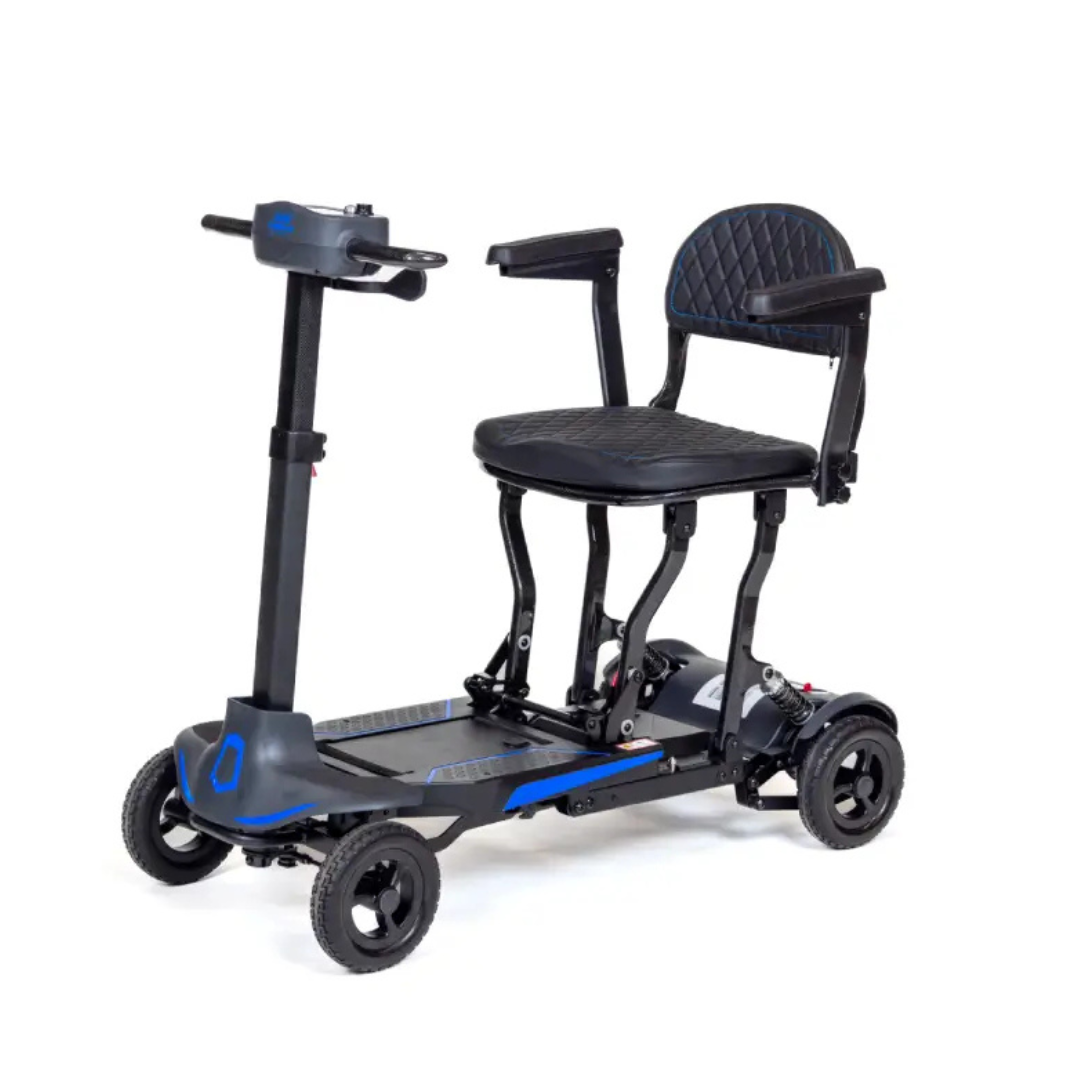 The Monarch Supa Carbon Lite Ultra-Lightweight Carbon-Fiber Scooter is a compact, black and blue mobility scooter with a padded seat, armrests, four wheels, and an easy-to-use handlebar—ideal for daily transportation.