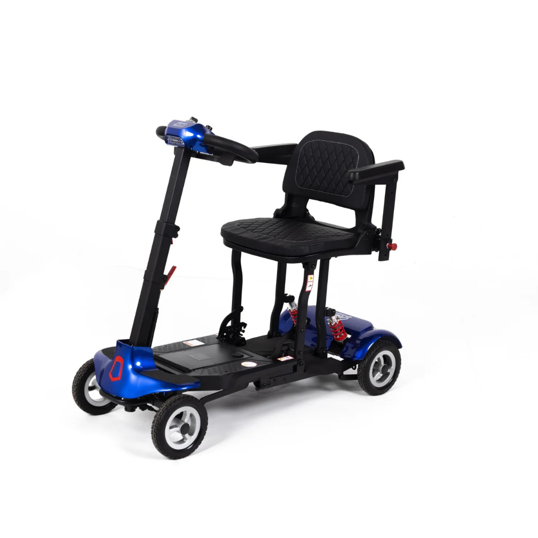 The Monarch Genie Auto Folding Portable Scooter is a compact blue mobility scooter with four wheels, a padded black seat, and armrests, shown on a white background.