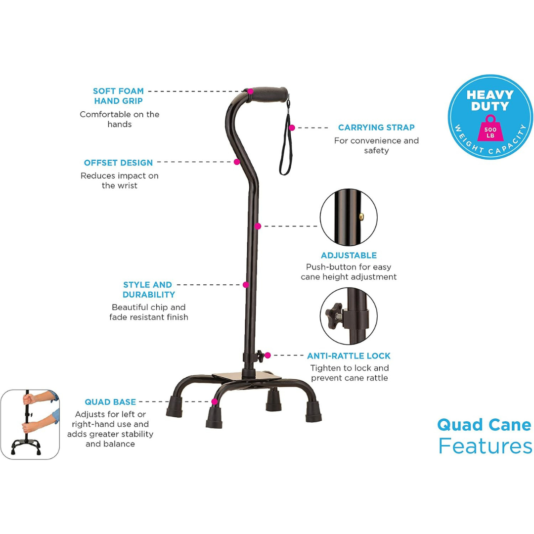 A black Nova Heavy Duty Bariatric Quad Cane with Large Base, featuring a soft foam hand grip, carrying strap, offset design, adjustable height, anti-rattle lock, durable construction, and a wide quad base for enhanced stability.