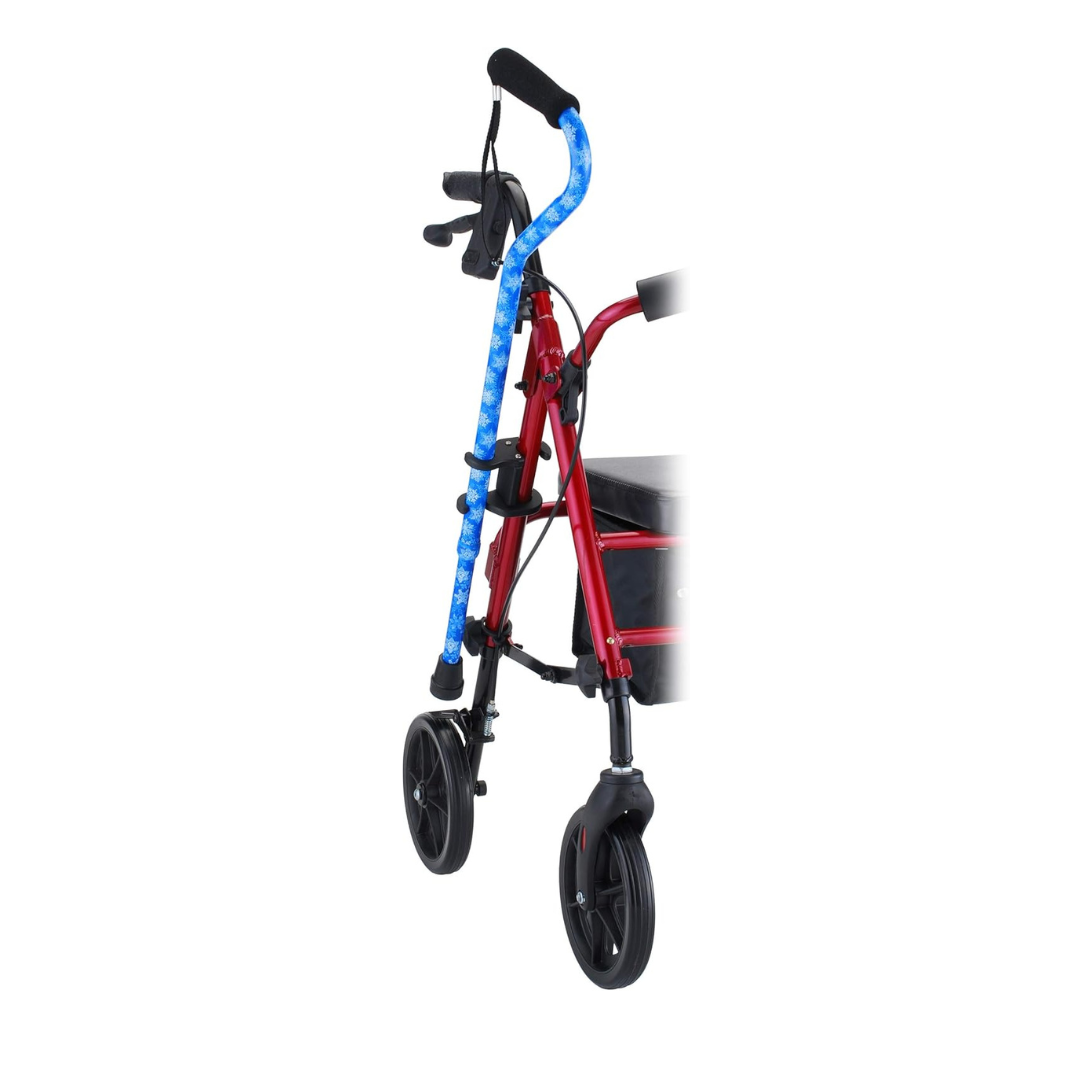 The NOVA Medical Cane Holder for Rollators and Folding Walkers is shown attached to a red walker with black and blue handles, a black seat, four black wheels, all set against a white background.