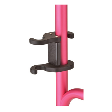Close-up of the NOVA Medical Cane Holder for Rollators and Folding Walkers in black plastic, attached to a pink metal pole with two hook-like side extensions for holding items. White background.