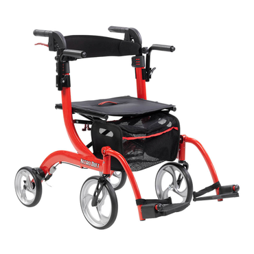 The Drive Hybrid Nitro® Duet Rollator and Transport Chair features a red frame, four wheels, black seat, armrests, backrest, and a mesh pouch underneath—offering reliable mobility assistance for users.