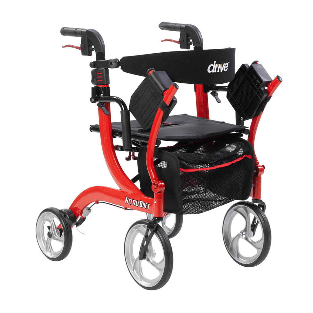 The Drive Hybrid Nitro® Duet Rollator and Transport Chair in red has four large wheels, a padded seat, black storage pouch, handles with brakes, and a lightweight foldable frame for easy storage and transport.