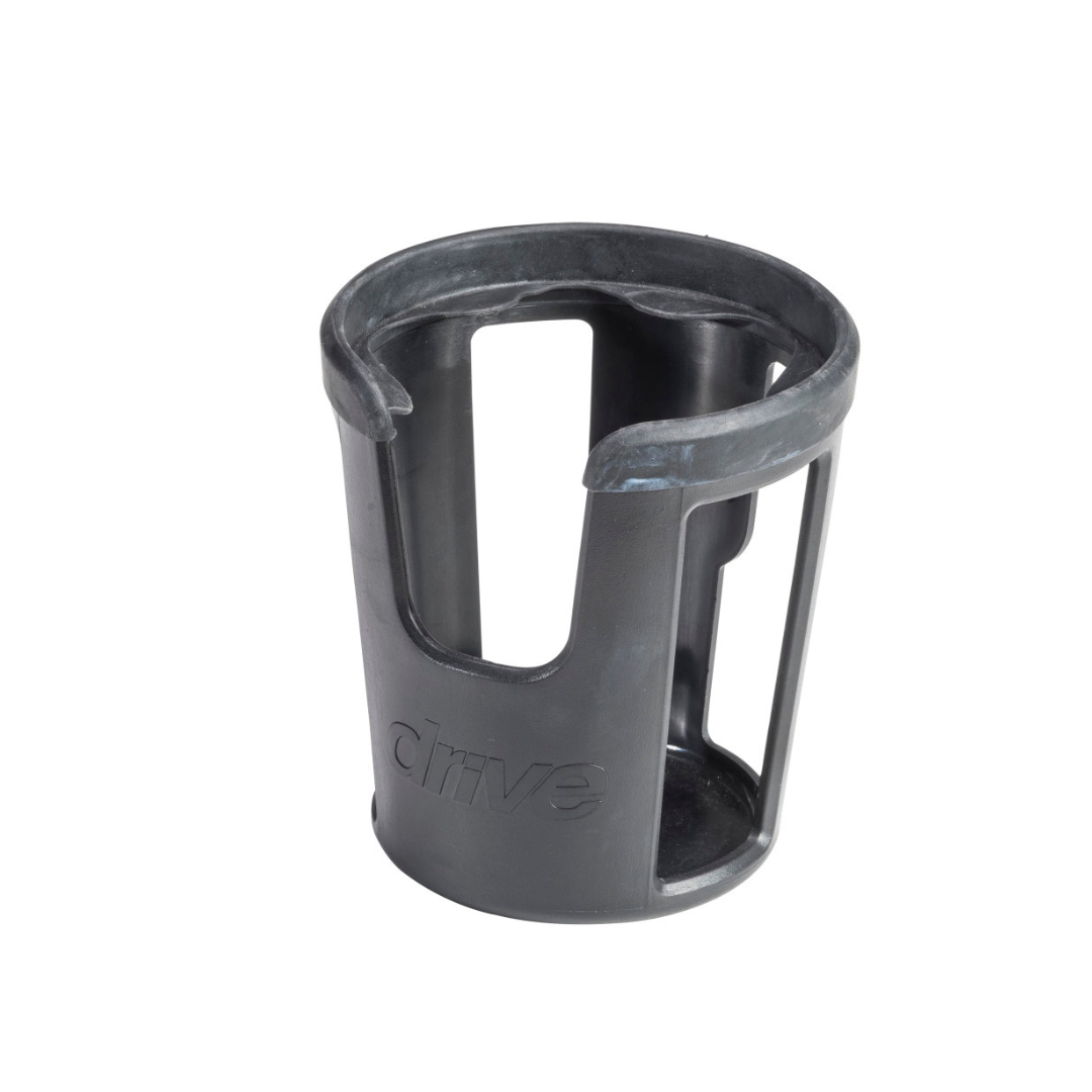 A black plastic cup holder with open sides and "drive" embossed on the front, designed to attach to mobility aids like the Drive Nitro® Sprint Rollator with Accessory Bundle.