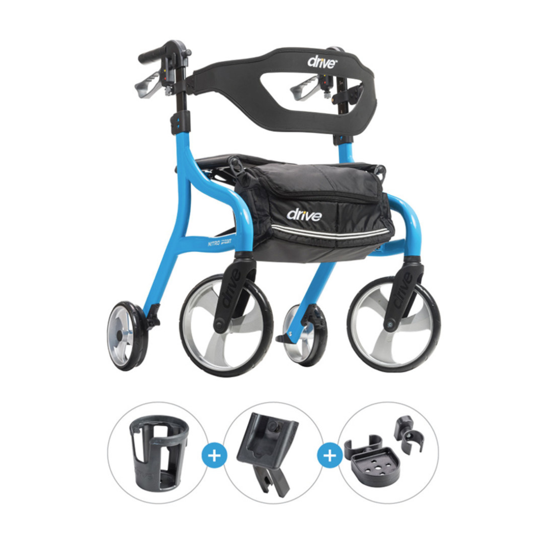 The Drive Nitro® Sprint Rollator with Accessory Bundle is a blue foldable walker featuring four large wheels, a black padded backrest, storage pouch, cup holder, cane holder, and clip attachment.
