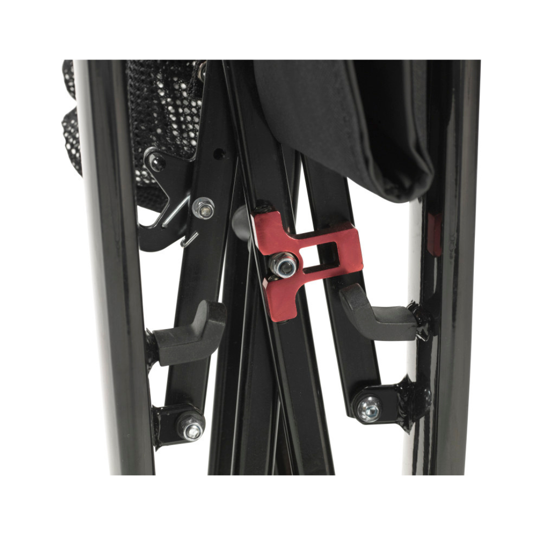 Close-up of the folding mechanism on the Drive Nitro HD Bariatric Rollator with Suspension, showing its black metal frame, red plastic locking clip, and black mesh fabric.