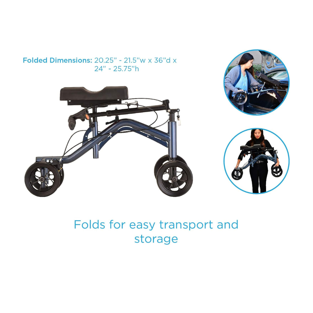 The Nova Medical Turning Folding Knee Walker in blue offers non-weight-bearing support and easy transport. Insets show it being placed in a car and carried folded. Text: Folds for easy transport and storage. Height adjustable dimensions are highlighted.