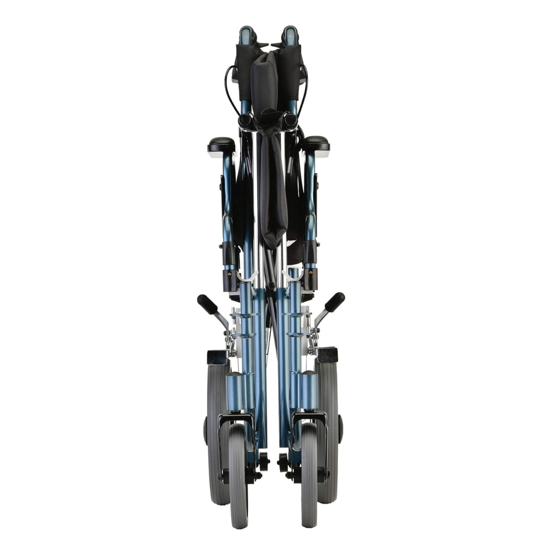 The Nova Medical 332 HD Bariatric Transport Chair with 12 wheels and extra wide seat, shown in blue from the front, is fully collapsed with armrests, footrests, and wheels aligned for easy storage or travel.