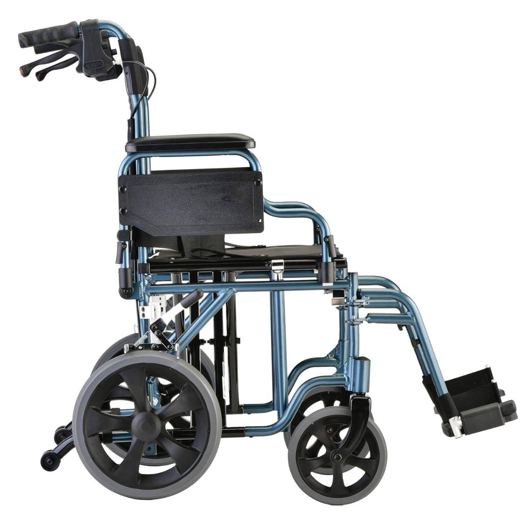 The Nova Medical 332 HD Bariatric Transport Chair features a blue, lightweight folding frame, black armrests and footrests, large 12 rear wheels, and an extra wide seat, shown from the side on a white background.