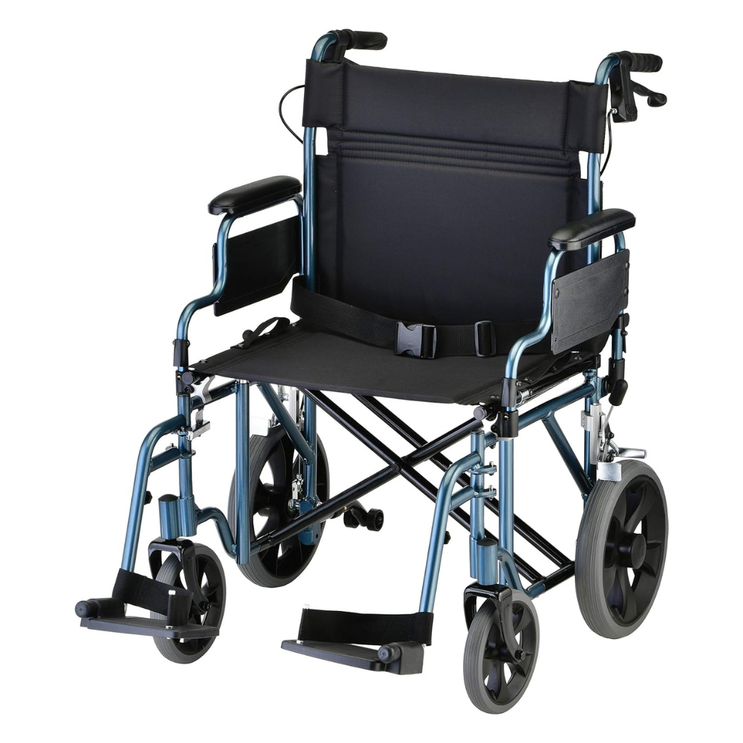 The Nova Medical 332 HD Bariatric Transport Chair features a black cushioned seat and back, armrests, footrests, and large 12 rear wheels. Its extra wide seat and folding design make it ideal for easy transport, travel, and storage.