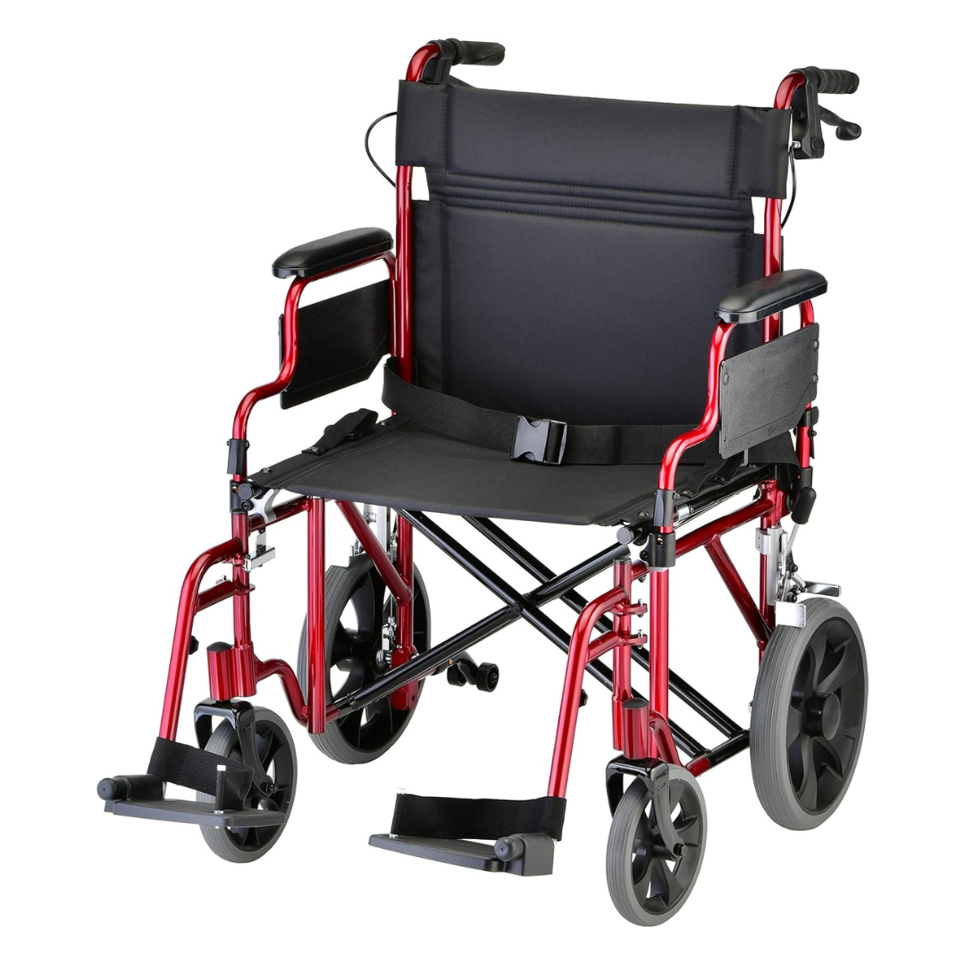 The Nova Medical 332 HD Bariatric Transport Chair features a red frame, black padded extra wide seat, armrests, footrests, and large 12 rear wheels—ideal for easy travel and storage.