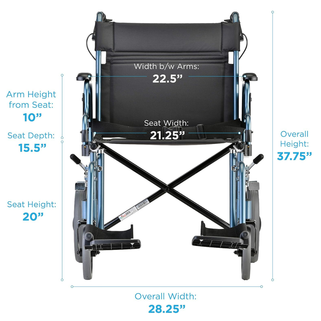 Front view of the Nova Medical HD Bariatric Transport Chair with 12 Wheels & Extra Wide Seat, showing labeled measurements: width between arms 22.5, seat width 21.25, overall width 28.25, arm height from seat 10, seat depth 15.5, seat height 20, and overall height 37.75.