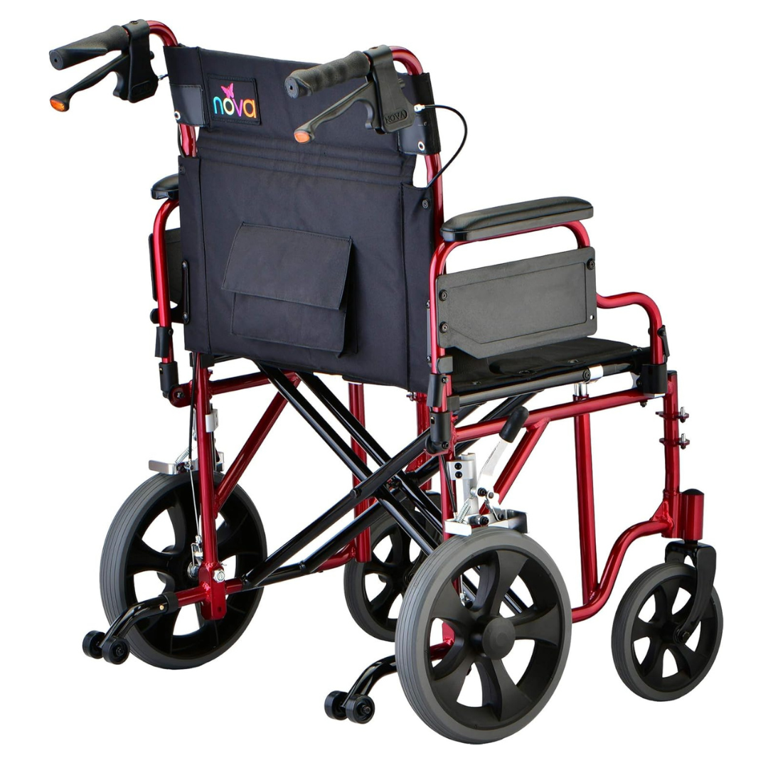 The Nova Medical 332 HD Bariatric Transport Chair features a black seat and backrest, 12 rear wheels, small front wheels, foldable footrests, ergonomic push handles, an extra wide seat, and a back pocket with the NOVA logo.