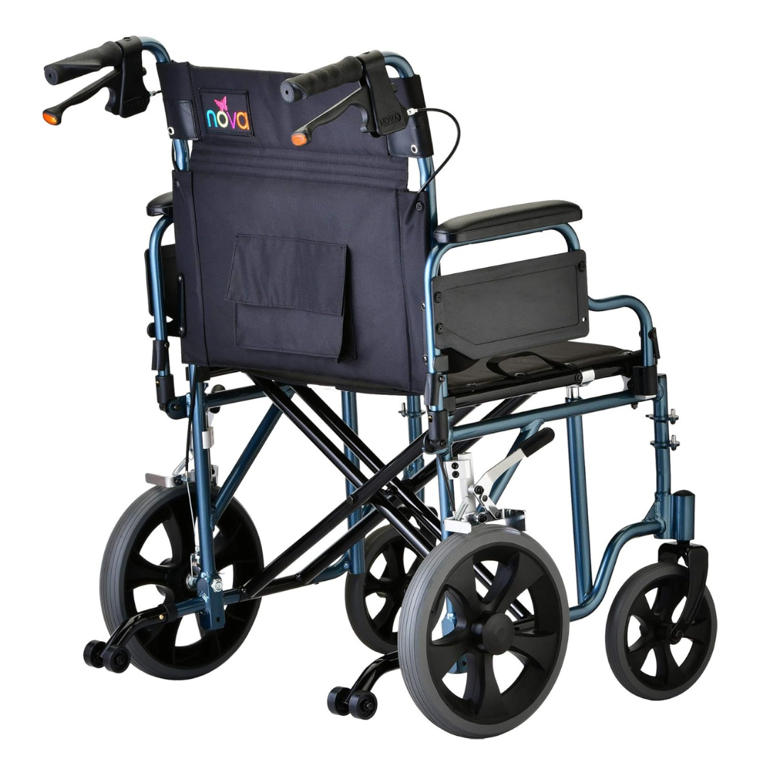 The Nova Medical 332 HD Bariatric Transport Chair features 12 rear wheels, hand brakes, an extra wide navy blue seat, footrests, padded armrests, folding design for travel, and nova printed on the backrest pocket.