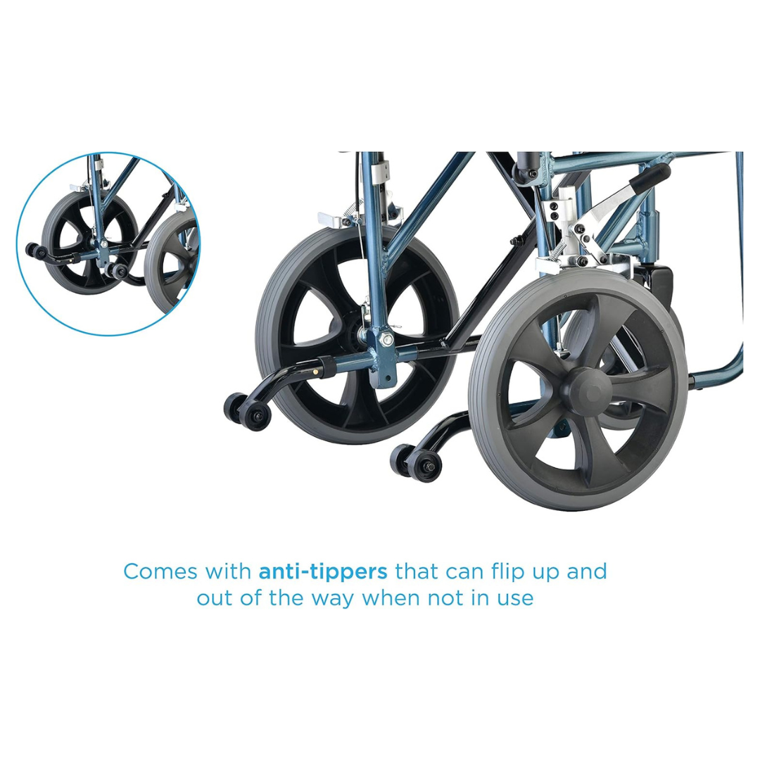 Close-up of the Nova Medical 332 HD Bariatric Transport Chair’s rear wheels with anti-tippers, detailed in an inset. Text: Comes with flip-up anti-tippers that stay out of the way when not needed.