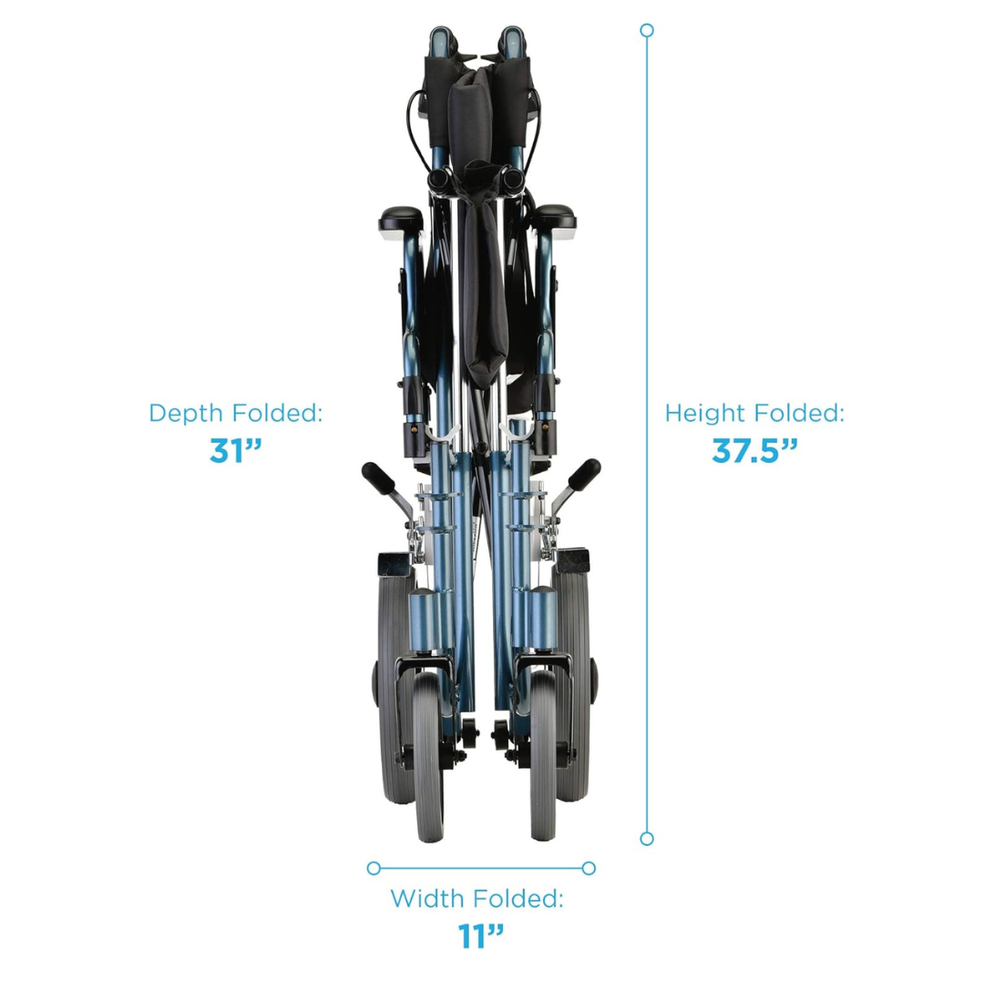The Nova Medical HD Bariatric Transport Chair with 12 wheels and extra wide seat is shown folded, measuring 31 deep, 37.5 high, and 11 wide. Its lightweight aluminum frame allows for easy transport and storage.