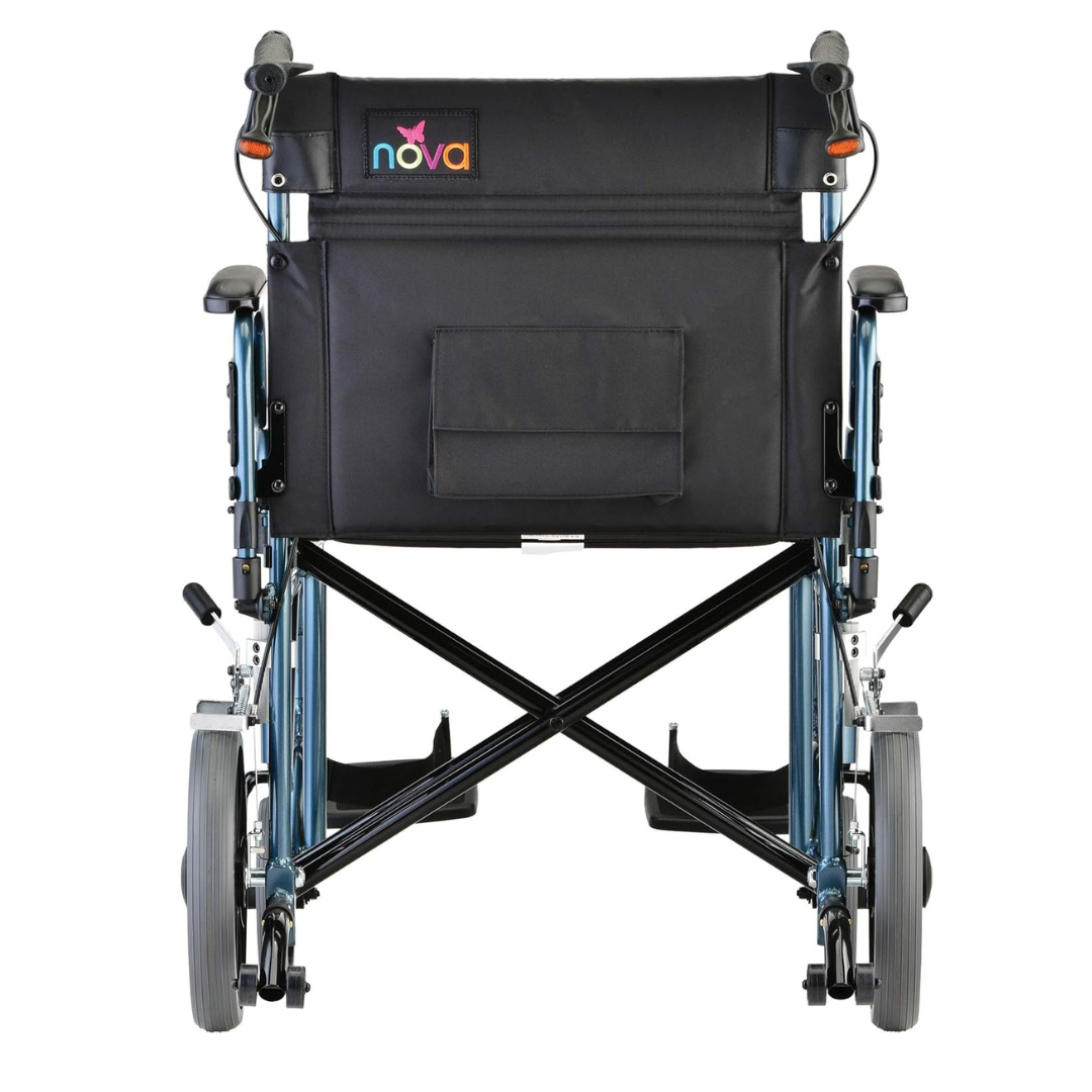 Rear view of a black Nova Medical 332 HD Bariatric Transport Chair featuring 12 rear wheels, small front wheels, foldable frame, extra wide seat, and a storage pouch on the backrest.