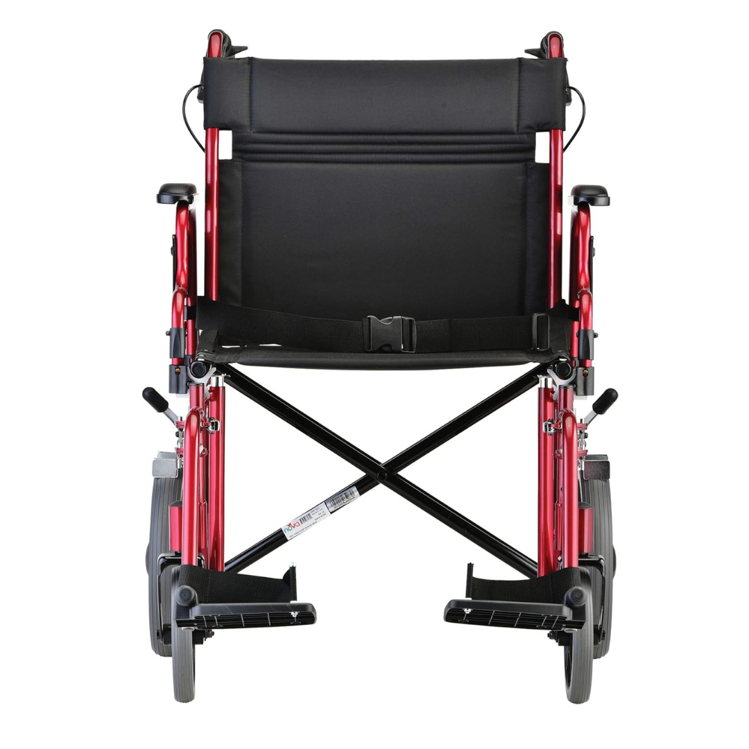 The Nova Medical 332 HD Bariatric Transport Chair with 12 wheels and an extra wide seat is shown from the back, featuring a black seat, armrests, footrests, and sturdy crossed support bars—ideal for travel.