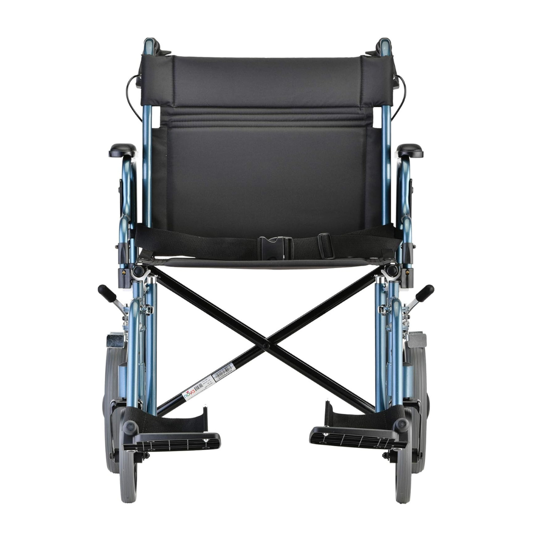 A front-facing view of the Nova Medical 332 HD Bariatric Transport Chair, featuring an empty blue frame, extra wide black padded seat and backrest, footrests, push handles at the top, and 12 wheels.