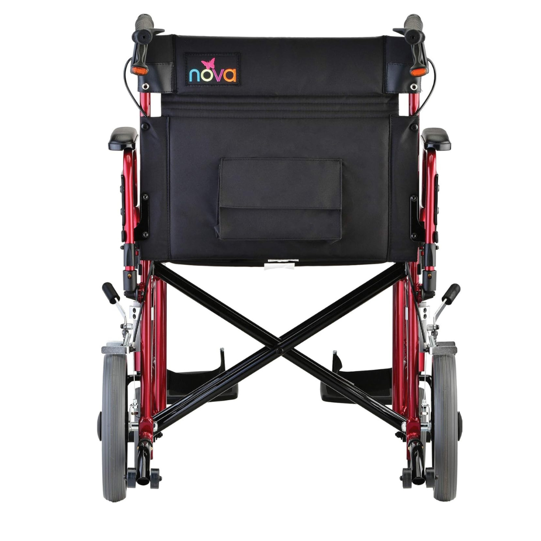 The Nova Medical 332 HD Bariatric Transport Chair features 12 wheels, an extra wide seat, red and black frame, large rear handles, storage pocket, and “nova” branding on the backrest. Shown empty from the back against a white background.