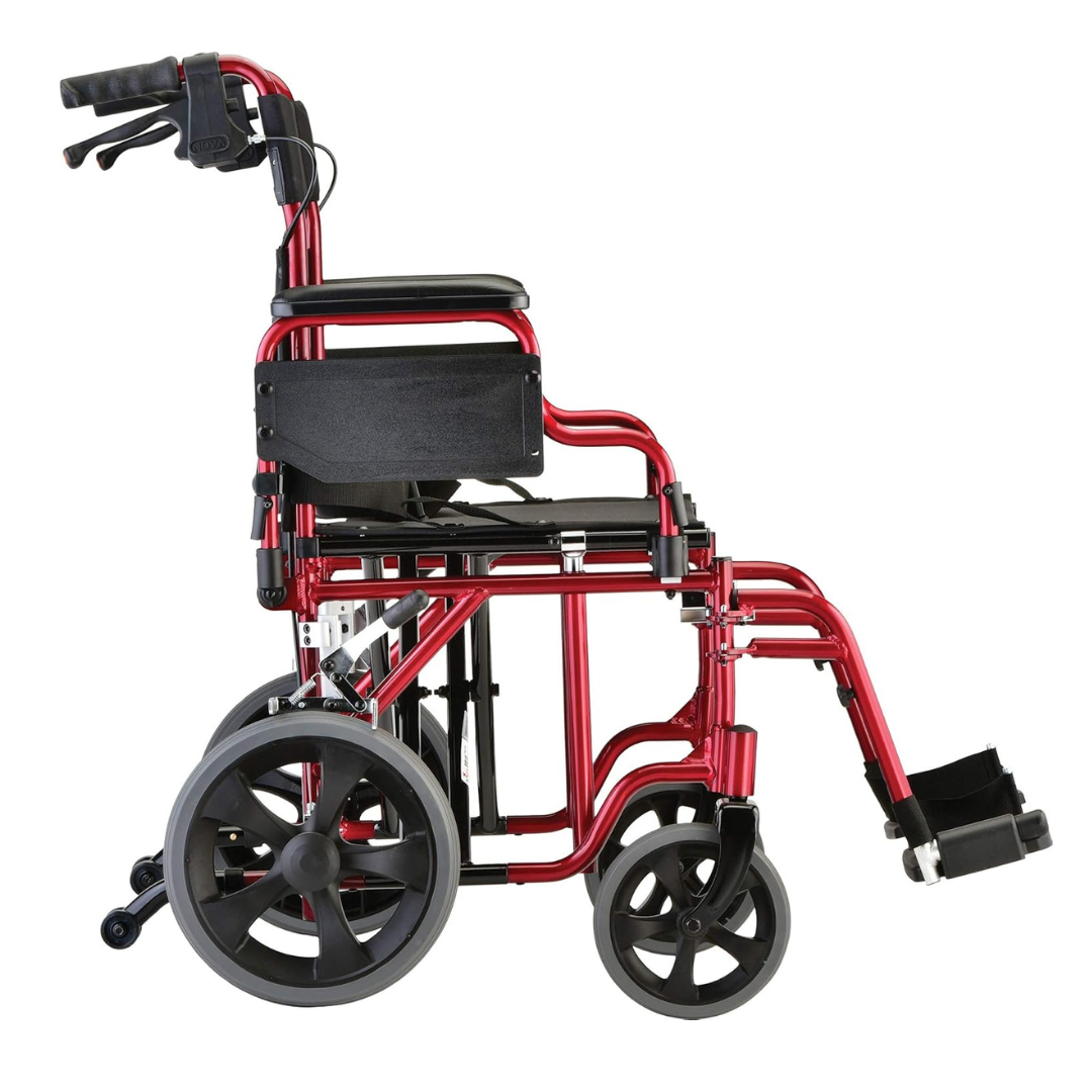 The Nova Medical 332 HD Bariatric Transport Chair, shown from the side on a white background, features 12 wheels, an extra wide seat, black armrests and footrests—ideal as a travel wheelchair.