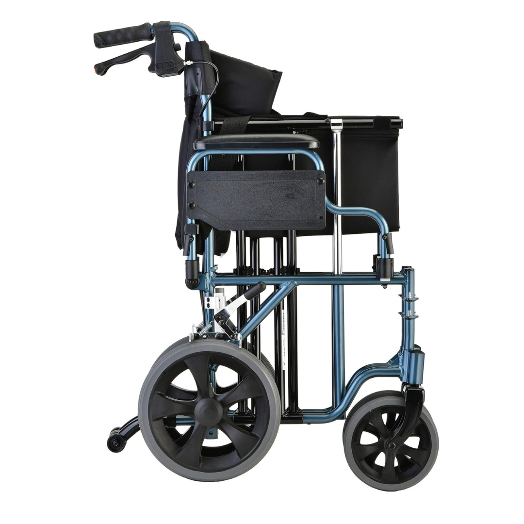 The Nova Medical 332 HD Bariatric Transport Chair features an extra wide black seat and backrest, large 12” rear wheels, small front wheels, and footrests. Shown from the side against a white background.