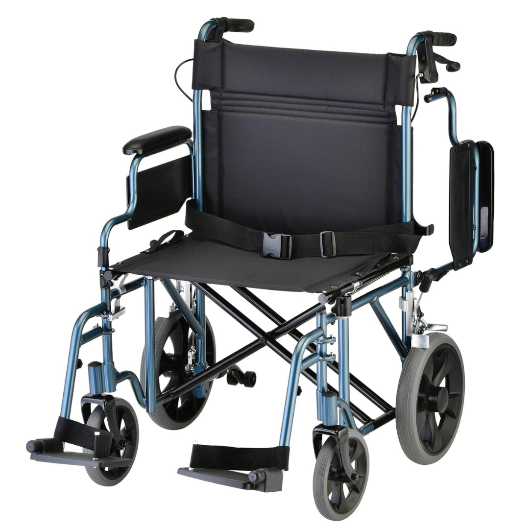 The Nova Medical 332 HD Bariatric Transport Chair features a black and blue frame, cushioned fabric seat and back, extra wide design, armrests, footrests, seatbelt, 12 rear wheels, and foldable handles—ideal for travel and comfort.