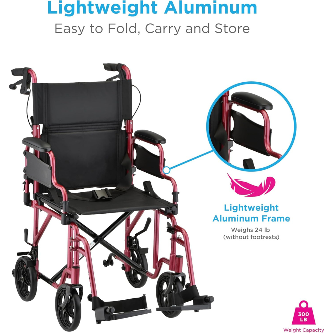 The Nova Medical 350 Lightweight Aluminum Folding Transport Chair in red and black features flip-up desk arms, hand brakes, a 24 lb foldable frame (without footrests), and a 300 lb weight capacity for easy transport.