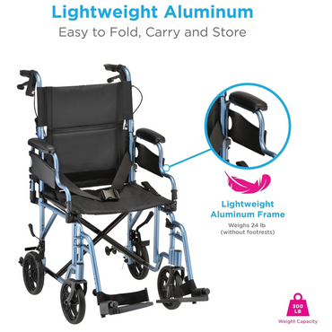 The Nova Medical 350 Lightweight Aluminum Folding Transport Chair features a black seat, hand brakes, and flip-up desk arms. Shown with and without footrests, it folds easily for carrying and supports up to 300 lbs. Inset shows sturdy aluminum frame details.