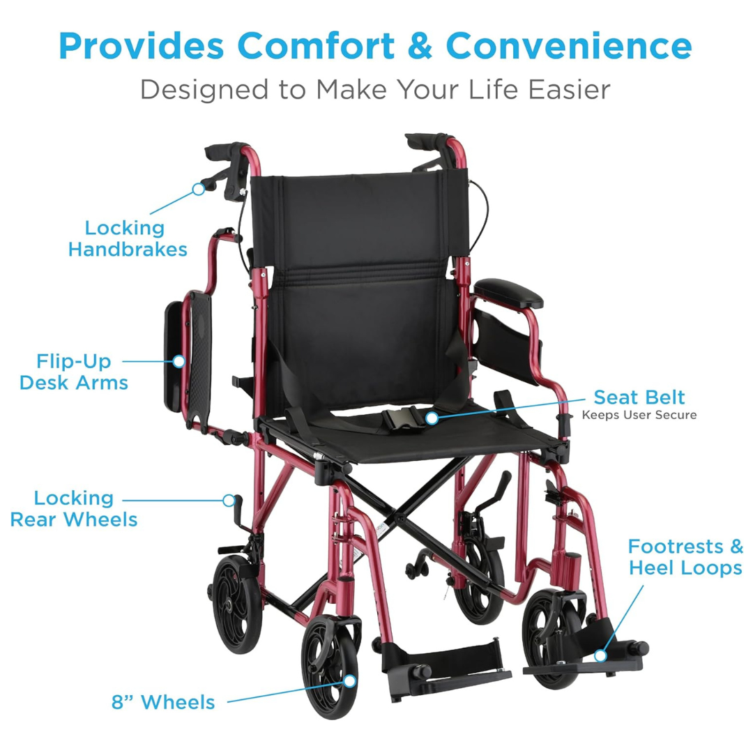 The Nova Medical 350 Lightweight Aluminum Folding Transport Chair, in red, features flip-up desk arms, locking hand brakes, rear 8 wheels, seat belt, and footrests with heel loops for comfort and convenience on the go.