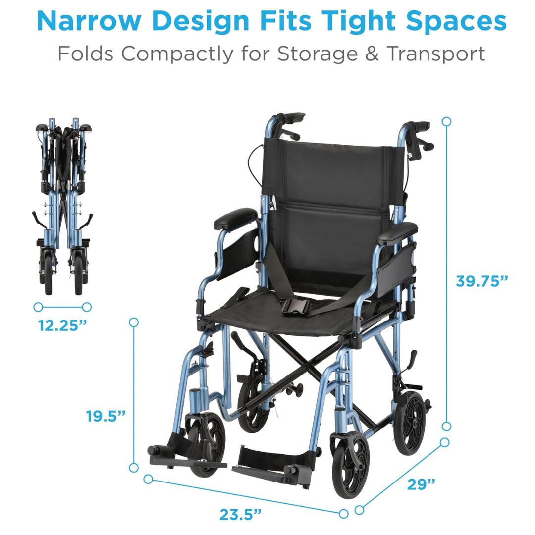 The Nova Medical 350 Lightweight Aluminum Folding Transport Chair is shown open and folded in blue and black. It features hand brakes, flip-up desk arms, folds to 29H x 12.25W, and measures 39.75H x 29L x 23.5W with a seat height of 19.5.