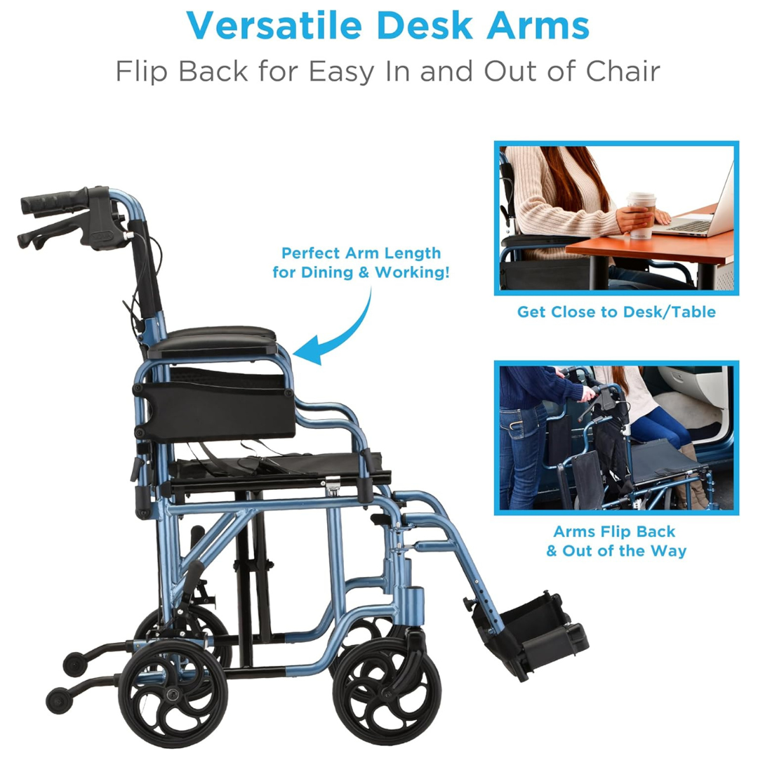 The Nova Medical 350 Lightweight Aluminum Folding Transport Chair in blue has flip-back desk arms for easy transfers and hand brakes for safety. Insets show the chair at a desk, by a table, and with arms flipped back.