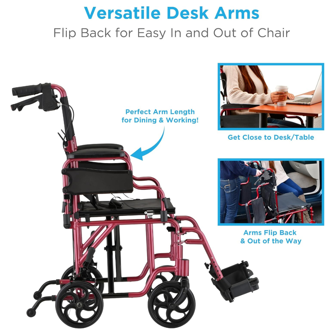 The Nova Medical 350 Lightweight Aluminum Folding Transport Chair, shown in red near a desk and car, features flip-up desk arms. Insets highlight a user at a table and another flipping the armrest back for easy transfers.