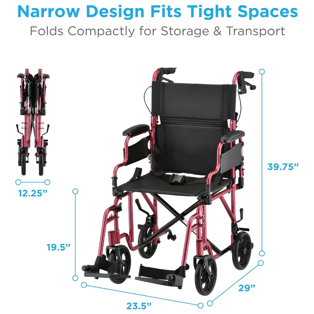 The Nova Medical 350 Lightweight Aluminum Folding Transport Chair, with hand brakes and flip-up desk arms, features a black seat, red frame, and compact design. Shown open and folded. Dimensions: 39.75H x 29L x 23.5W; seat height 19.5; folded width 12.25.