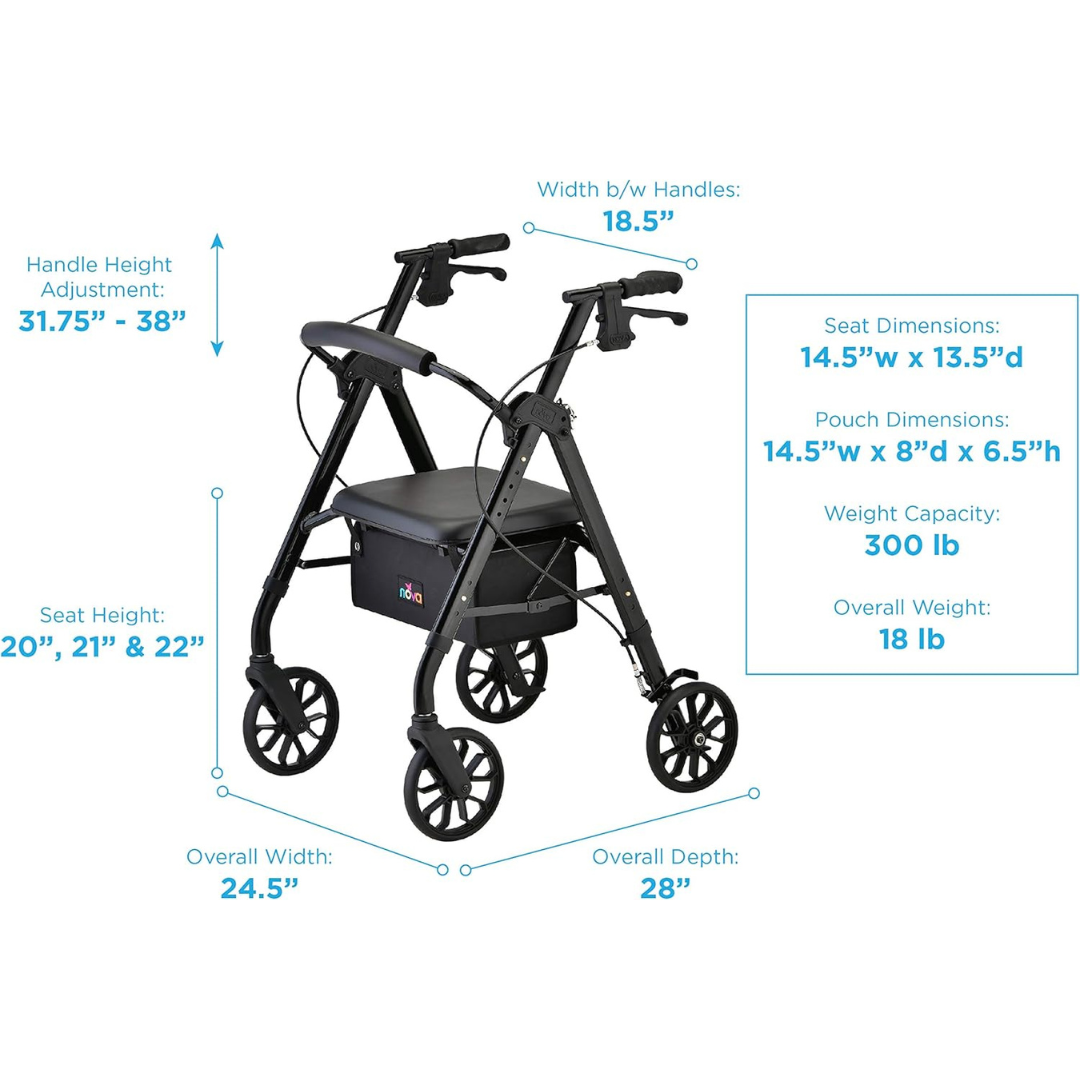 Diagram of the Nova Medical Star 8 Lightweight Rollator featuring all-terrain wheels and labeled features, including adjustable handle heights (31.75-38 inches), width (21.5 inches), and height options (20, 21, and 22 inches). It also includes seat dimensions (14.5x13.5 inches), a pouch size of 14.5x8x6.5 inches, a weight capacity of up to 300 lbs, an overall weight of 18 lbs, and width measurement details.
