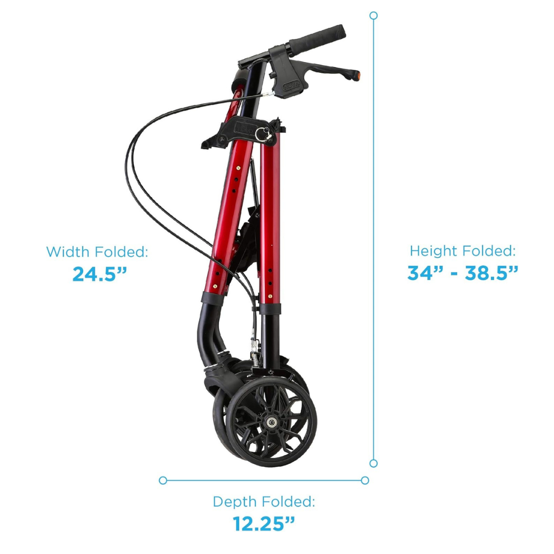The Nova Medical Star 8 Lightweight Rollator features a vibrant red foldable frame with all-terrain wheels. Its compact design offers dimensions of 24.5 inches in folded width, 12.25 inches in depth, and a height adjustable from 34 to 38.5 inches for versatile convenience.